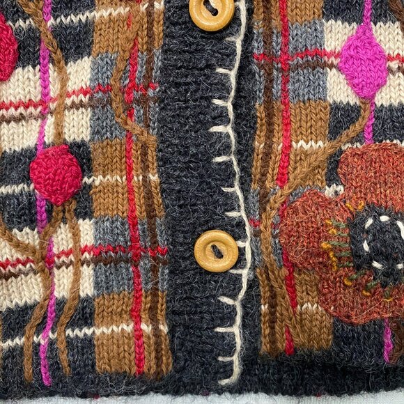Nan Hadden Woolies Handknits embroidery Floral Plaid Cardigan Sweater W/chick L - Picture 5 of 9